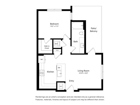 Floor plan for 1 bed, 1 bath, 738 sqft